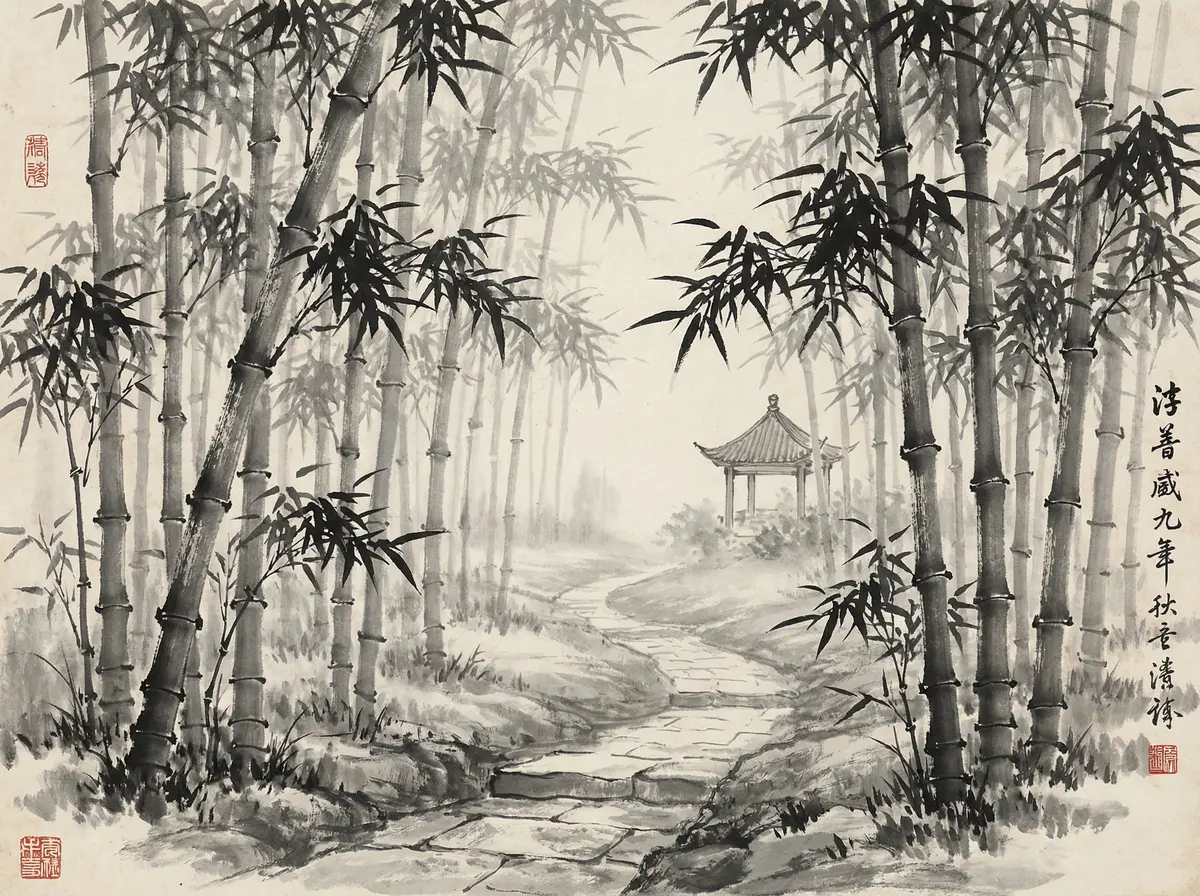 澳门娱乐城金沙国际竹林小径水墨画展示宁静禅意