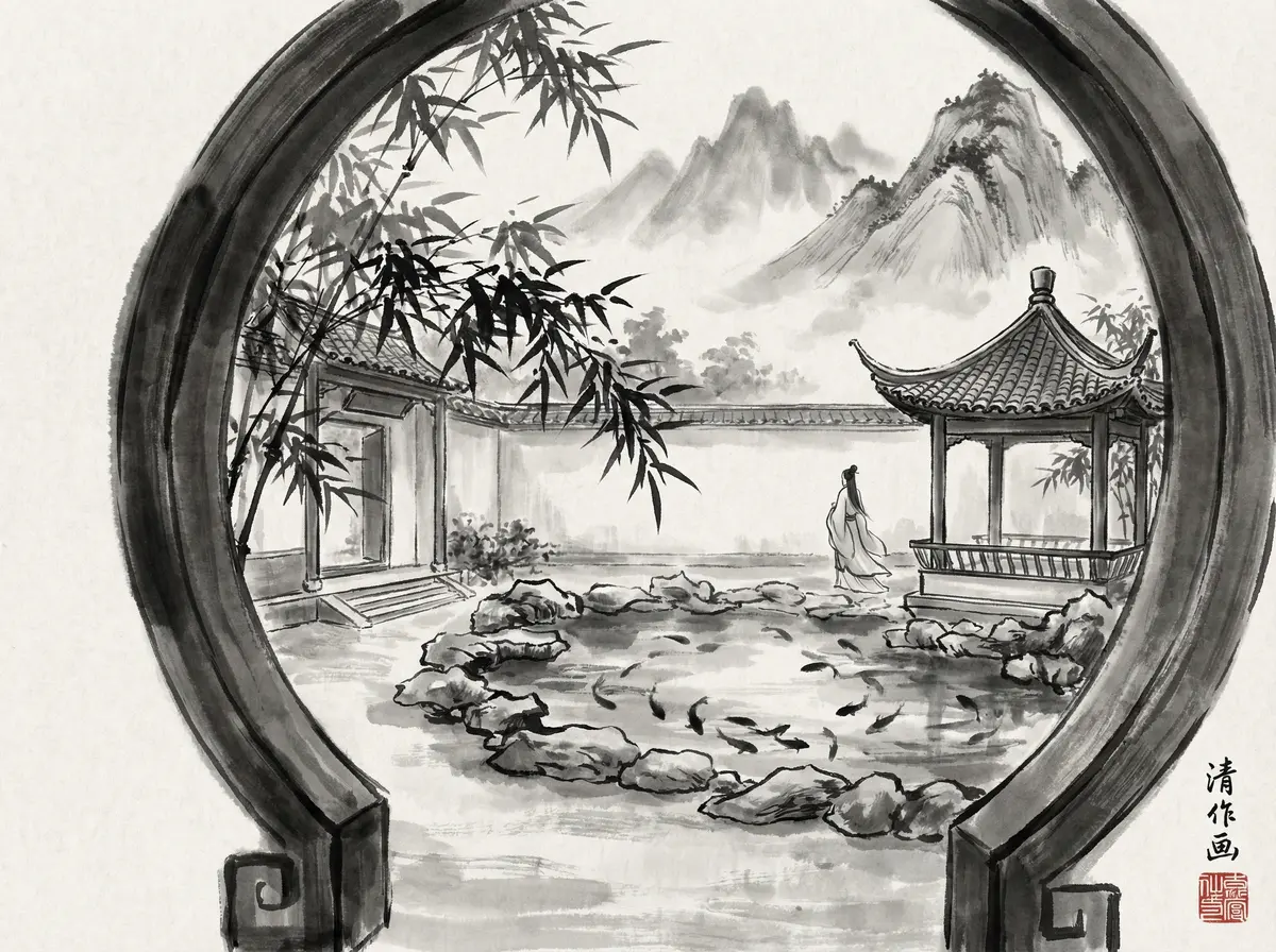 澳门娱乐城水墨风格中式园林酒店庭院全景