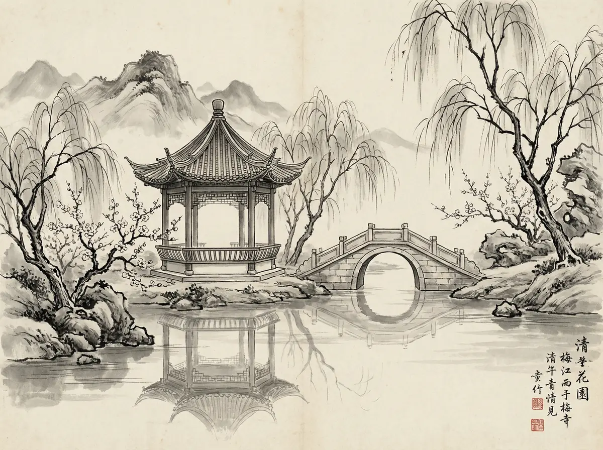 澳门娱乐城水墨画中的亭台楼阁与石桥倒影