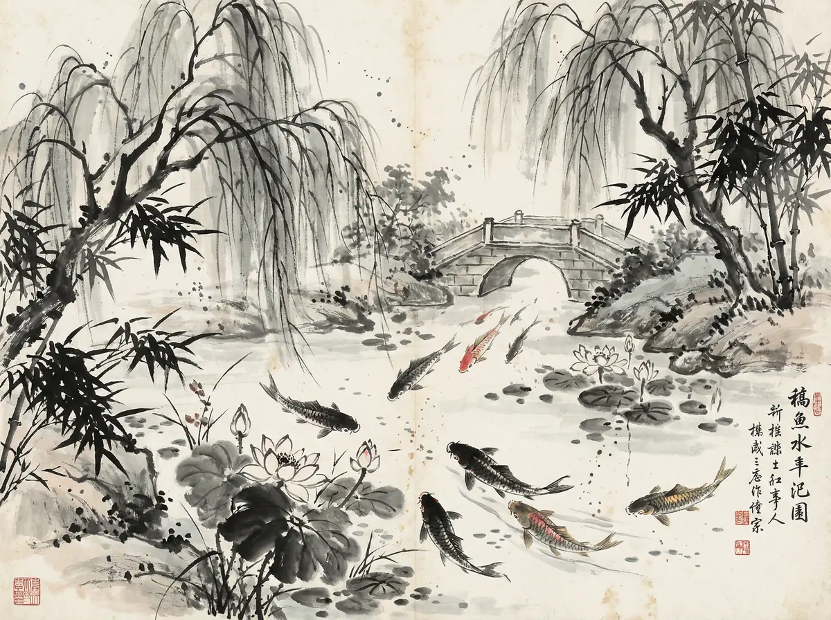 澳门娱乐城金沙国际锦鲤池水墨画展示东方园林元素