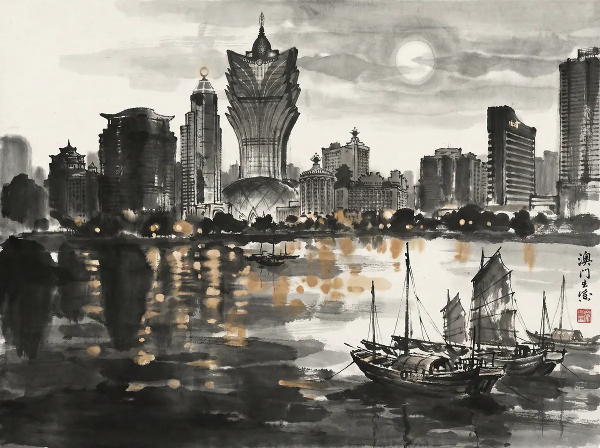 澳门娱乐城永利皇宫夜景水墨画展示音乐喷泉与城市天际线