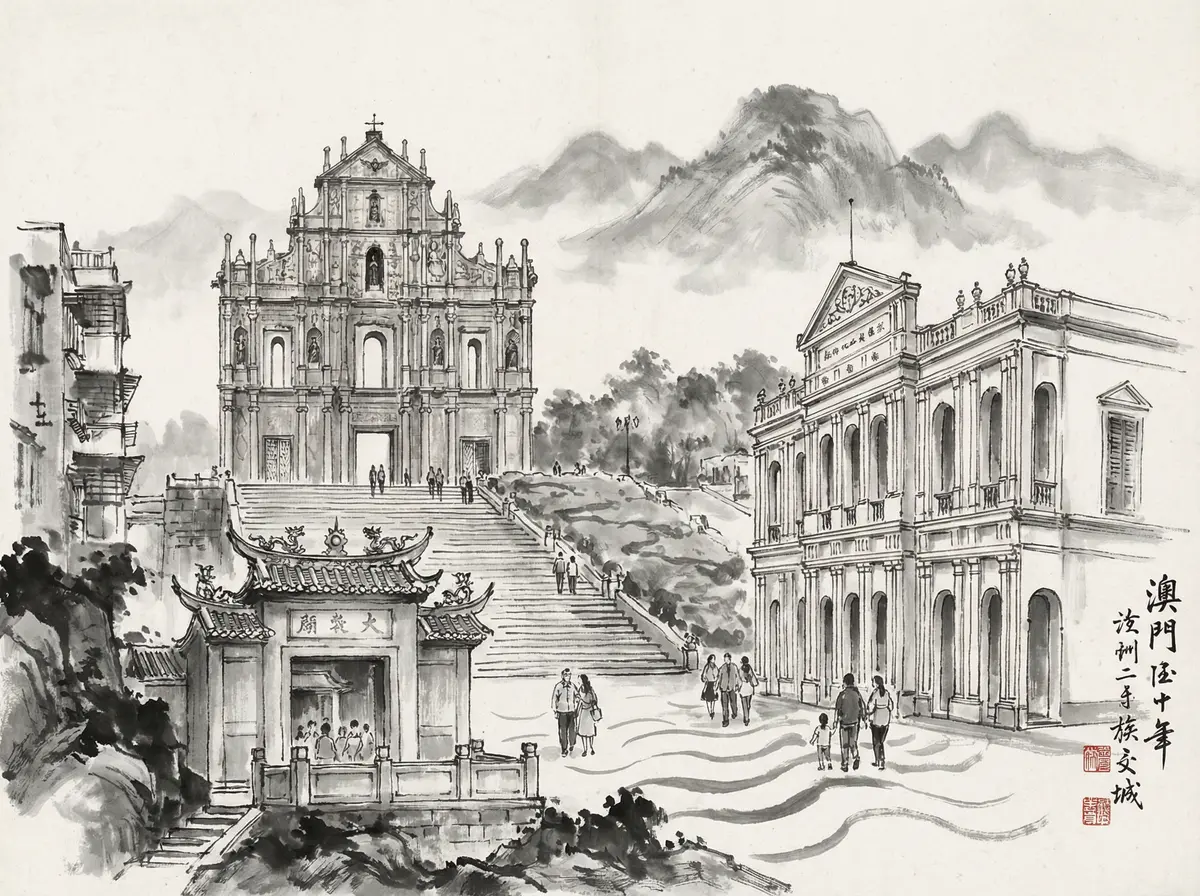澳门娱乐城推荐澳门大三巴牌坊水墨画风格旅游景点